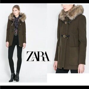 Zara large duffle coat wool fur hood buckles patch pockets women's brown green